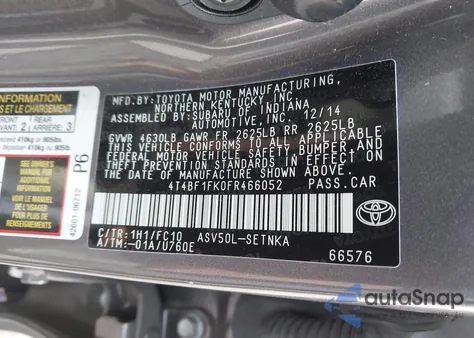 2015 Toyota Camry Le from USA, damaged, VIN 4T4BF1FK0FR466052